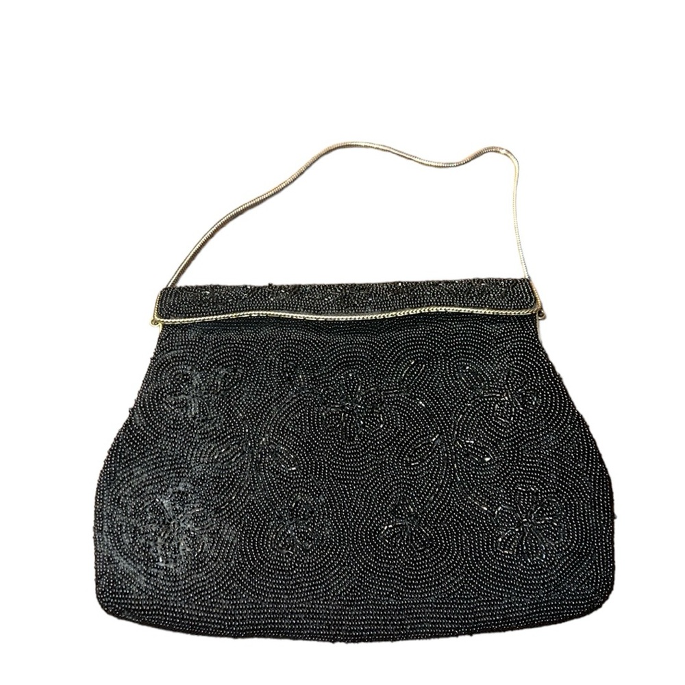 Vintage French black satin and beaded evening purse